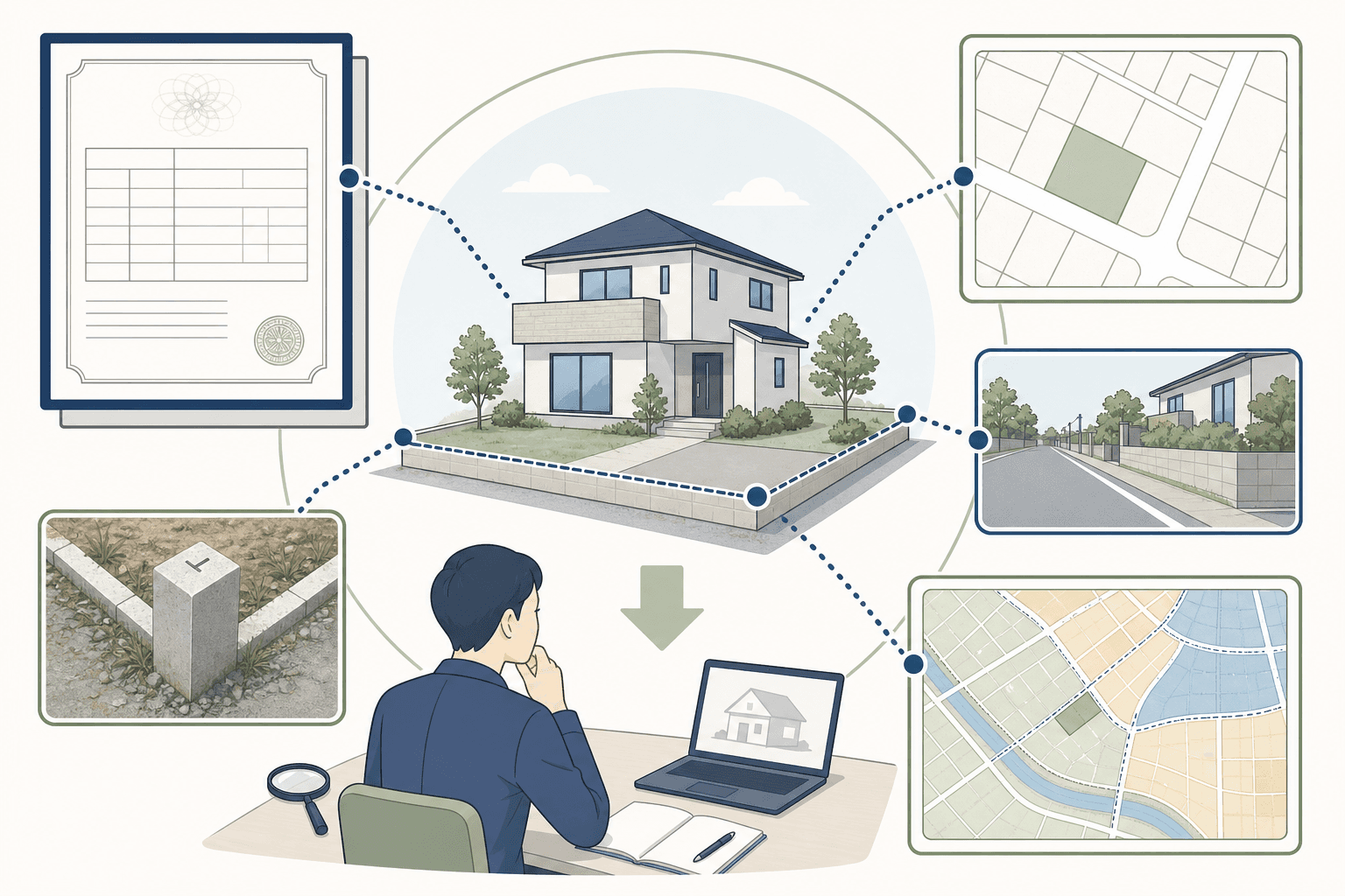 住宅を登記記録、公図、境界標、道路、都市計画図から調査する図