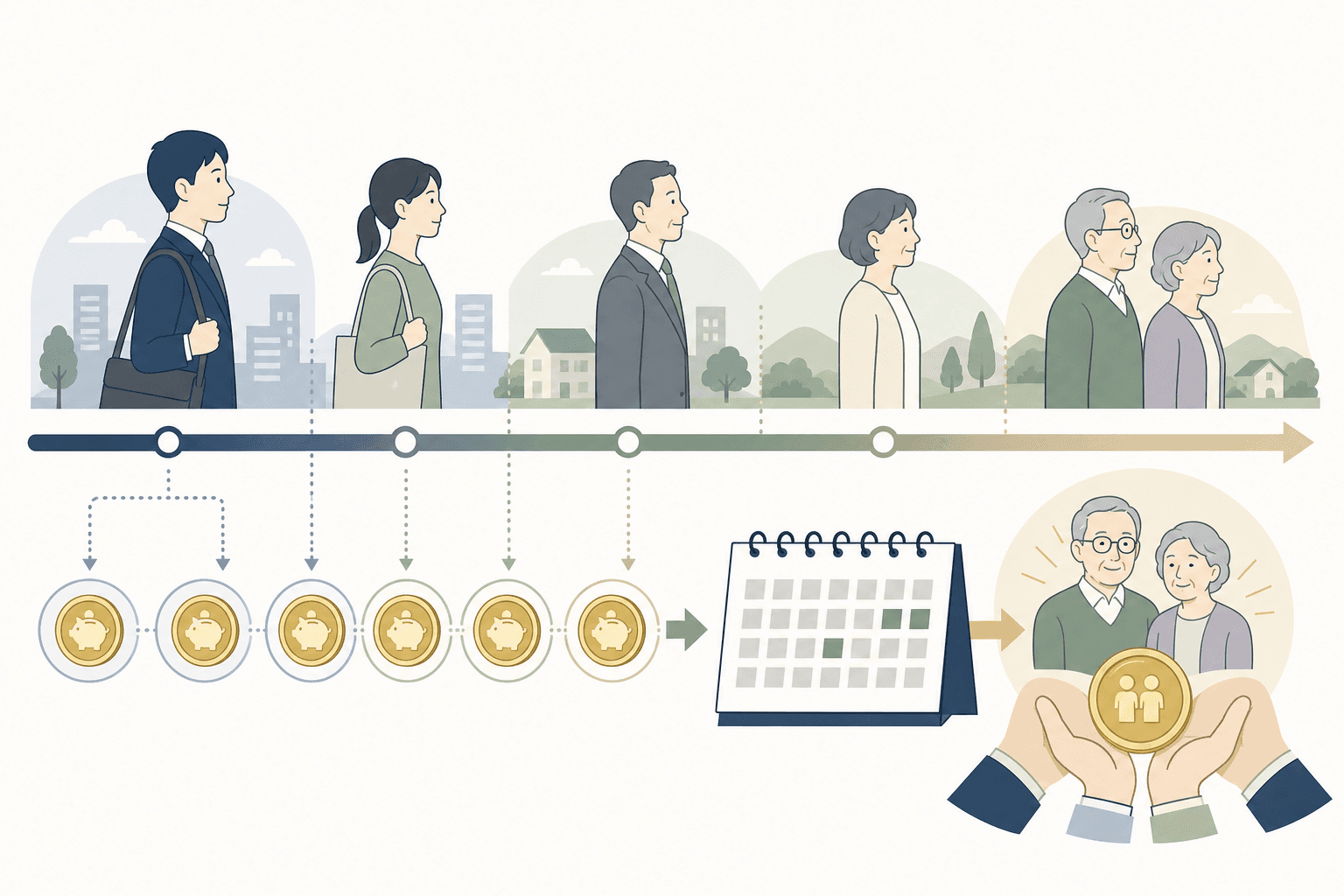 就労期の加入期間から老後の年金受給へ続く時間軸の図