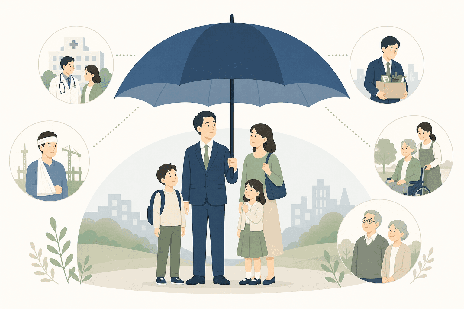 家族を中心に医療、労災、雇用、介護、年金の保障を配置した図